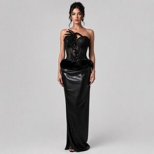 Albina Dyla Black Corset Maxi Dress Faux Leather Mesh Beaded Scorpion Gown Sz 2